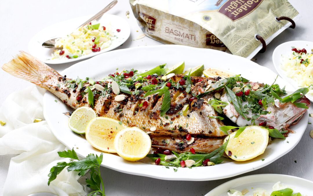 Whole Baked Middle Eastern Spiced Fish with Saffron Basmati Rice